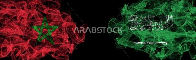 Flags of Morocco and Saudi Arabia on Black background, Morocco vs Saudi Arabia Smoke Flags