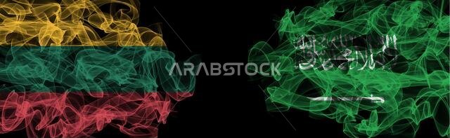 Flags of Lithuania and Saudi Arabia on Black background, Lithuania vs Saudi Arabia Smoke Flags