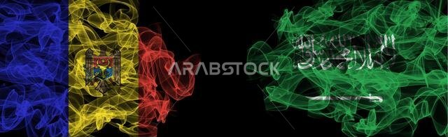 Flags of Moldova and Saudi Arabia on Black background, Moldova vs Saudi Arabia Smoke Flags