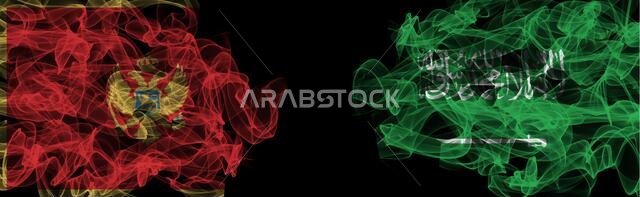 Flags of Montenegro and Saudi Arabia on Black background, Montenegro vs Saudi Arabia Smoke Flags