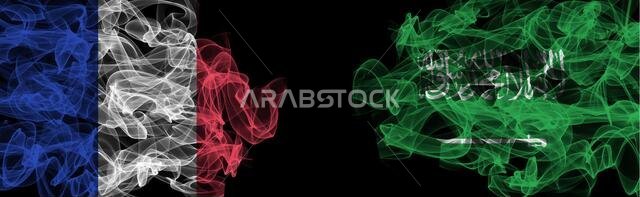 Flags of France and Saudi Arabia on Black background, France vs Saudi Arabia Smoke Flags