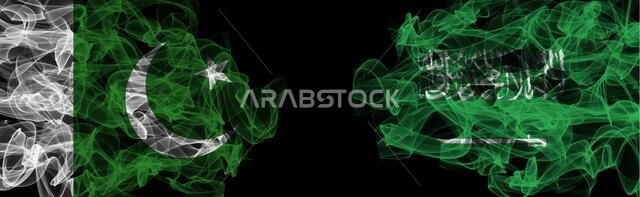 Flags of Pakistan and Saudi Arabia on Black background, Pakistan vs Saudi Arabia Smoke Flags