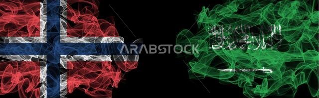 Flags of Norway and Saudi Arabia on Black background, Norway vs Saudi Arabia Smoke Flags