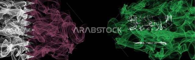 Flags of Qatar and Saudi Arabia on Black background, Qatar vs Saudi Arabia Smoke Flags