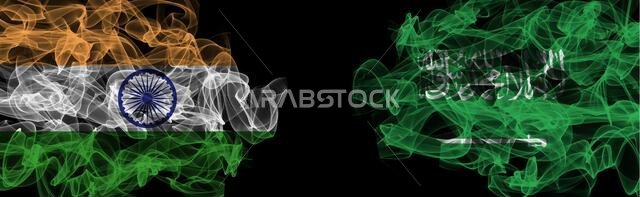 Flags of India and Saudi Arabia on Black background, India vs Saudi Arabia Smoke Flags