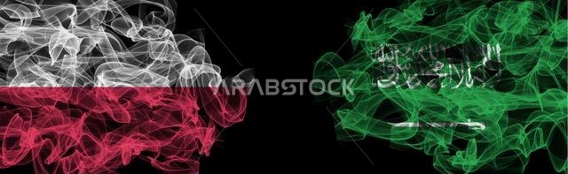 Flags of Poland and Saudi Arabia on Black background, Poland vs Saudi Arabia Smoke Flags