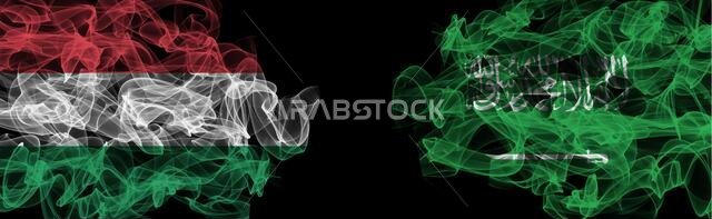 Flags of Hungary and Saudi Arabia on Black background, Hungary vs Saudi Arabia Smoke Flags