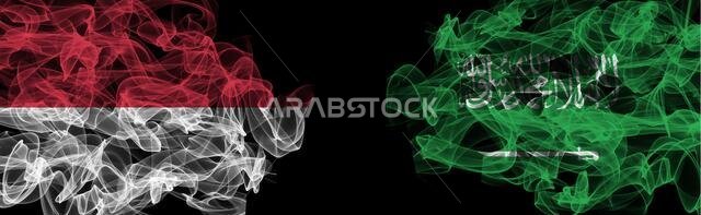 Flags of Indonesia and Saudi Arabia on Black background, Indonesia vs Saudi Arabia Smoke Flags
