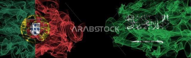 Flags of Portugal and Saudi Arabia on Black background, Portugal vs Saudi Arabia Smoke Flags