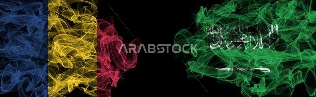 Flags of Romania and Saudi Arabia on Black background, Romania vs Saudi Arabia Smoke Flags