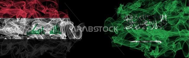 Flags of Iraq and Saudi Arabia on Black background, Iraq vs Saudi Arabia Smoke Flags