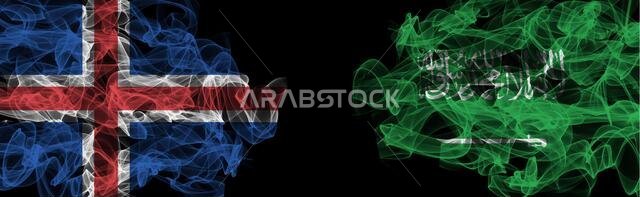 Flags of Iceland and Saudi Arabia on Black background, Iceland vs Saudi Arabia Smoke Flags