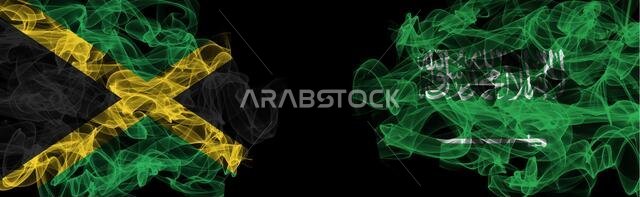 Flags of Jamaica and Saudi Arabia on Black background, Jamaica vs Saudi Arabia Smoke Flags