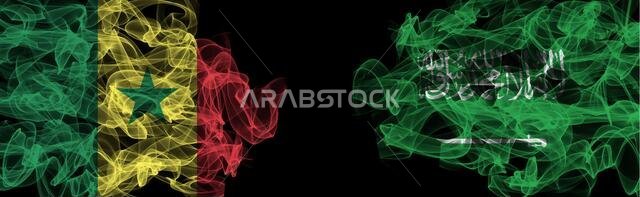 Flags of Senegal and Saudi Arabia on Black background, Senegal vs Saudi Arabia Smoke Flags