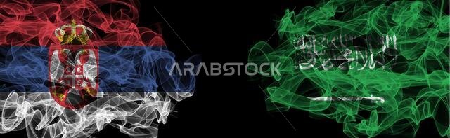 Flags of Serbia and Saudi Arabia on Black background, Serbia vs Saudi Arabia Smoke Flags