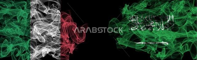 Flags of Italy and Saudi Arabia on Black background, Italy vs Saudi Arabia Smoke Flags