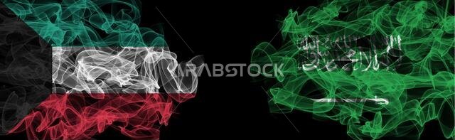 Flags of Kuwait and Saudi Arabia on Black background, Kuwait vs Saudi Arabia Smoke Flags