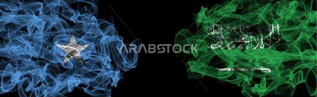 Flags of Somalia and Saudi Arabia on Black background, Somalia vs Saudi Arabia Smoke Flags