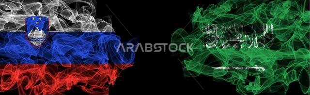 Flags of Slovenia and Saudi Arabia on Black background, Slovenia vs Saudi Arabia Smoke Flags