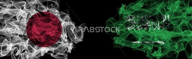 Flags of Japan and Saudi Arabia on Black background, Japan vs Saudi Arabia Smoke Flags