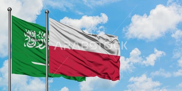 Saudi Arabia and Poland flag waving in the wind against white cloudy blue sky together. Diplomacy concept, international relations.