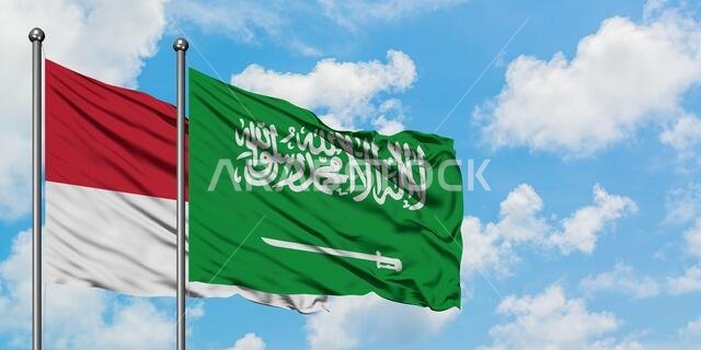 Monaco and Saudi Arabia flag waving in the wind against white cloudy blue sky together. Diplomacy concept, international relations.