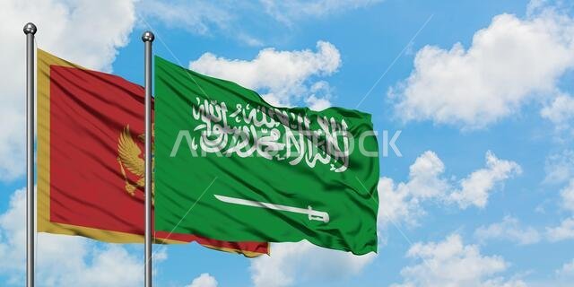 Montenegro and Saudi Arabia flag waving in the wind against white cloudy blue sky together. Diplomacy concept, international relations.