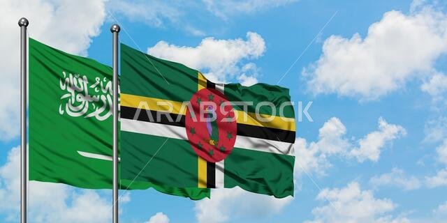يرفرف علم المملكة العربية السعودية وعلم دومينيكا معاً في مهب الريح أمام سماء زرقاء صافية تتخللها غيوم بيضاء. مفهوم الدبلوماسية، العلاقات الدولية.