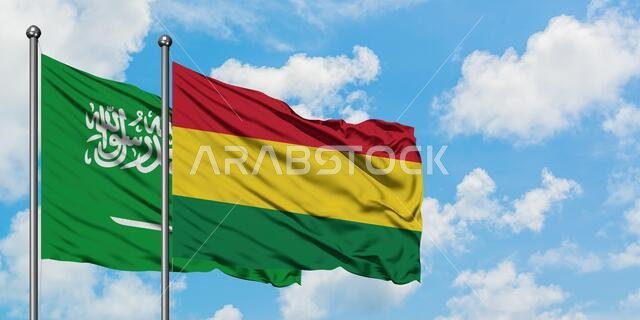 يرفرف علم المملكة العربية السعودية وعلم بوليفيا معاً في مهب الريح أمام سماء زرقاء صافية تتلألأ فيها الغيوم البيضاء. مفهوم الدبلوماسية، العلاقات الدولية.