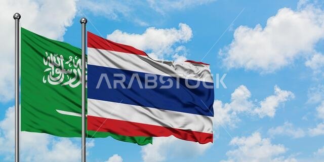 يرفرف علم المملكة العربية السعودية وعلم تايلاند معاً في مهب الريح أمام سماء زرقاء صافية تتخللها غيوم بيضاء. مفهوم الدبلوماسية، العلاقات الدولية.