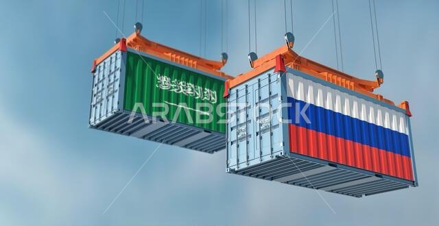 Two freight container with Russia and Saudi Arabia flag. 3D Rendering
