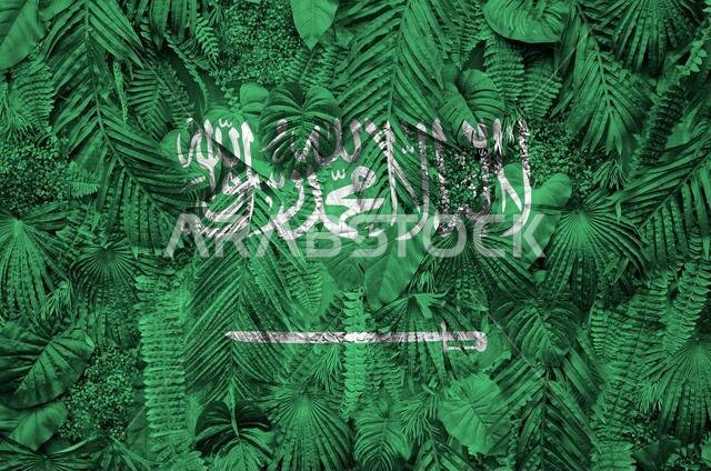 Saudi Arabia flag depicted on many leafs of monstera palm trees. Trendy fashionable background