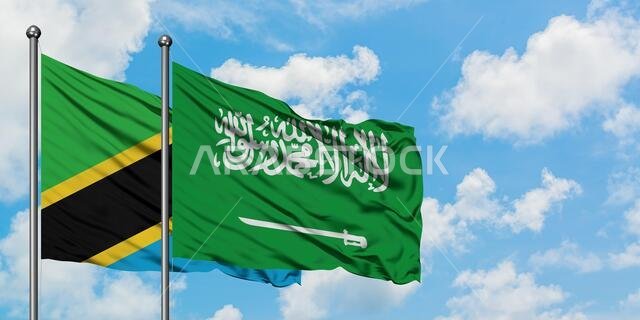 يرفرف علما تنزانيا والسعودية معاً في مهب الريح أمام سماء زرقاء صافية تتخللها غيوم بيضاء. مفهوم الدبلوماسية، العلاقات الدولية.