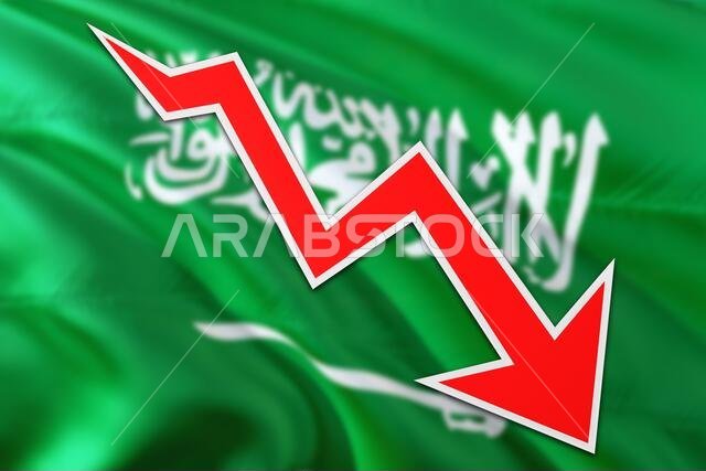 Saudi Arabia economy graph is indicating negative growth, red arrow going down with trend line. Business concept on national background.