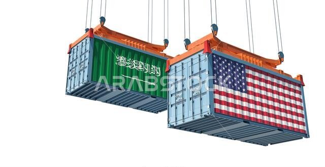 حاوية شحن تحمل علمي المملكة العربية السعودية والولايات المتحدة الأمريكية. تصميم ثلاثي الأبعاد