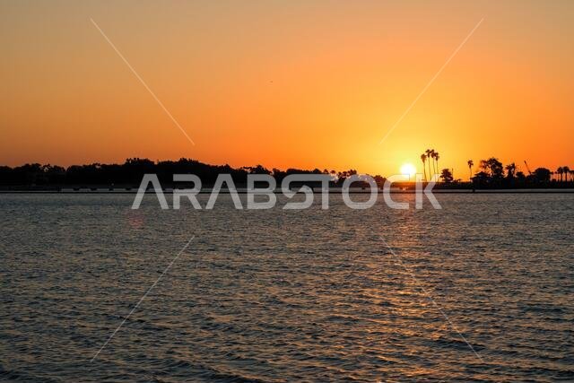 Scenic sunset with silhouettes of palm trees along the shore, seen from the South Corniche in Jeddah, Saudi Arabia