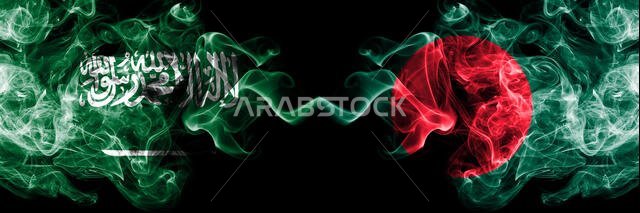 Saudi Arabia Kingdom vs Bangladesh, Bangladeshi smoky mystic flags placed side by side. Thick colored silky smoke flags of Arabic, Arabian and Banglad