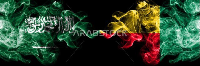 Saudi Arabia Kingdom vs Benin, Beninese smoky mystic flags placed side by side. Thick colored silky smoke flags of Arabic, Arabian and Benin, Beninese