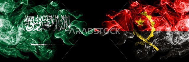 Saudi Arabia Kingdom vs Angola, Angolan smoky mystic flags placed side by side. Thick colored silky smoke flags of Arabic, Arabian and Angola, Angolan