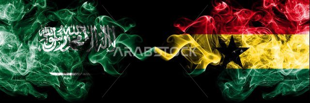 Saudi Arabia Kingdom vs Ghana, Ghanaian smoky mystic flags placed side by side. Thick colored silky smoke flags of Arabic, Arabian and Ghana, Ghanaian