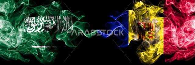 Saudi Arabia Kingdom vs Andorra, Andorran smoky mystic flags placed side by side. Thick colored silky smoke flags of Arabic, Arabian and Andorra, Ando