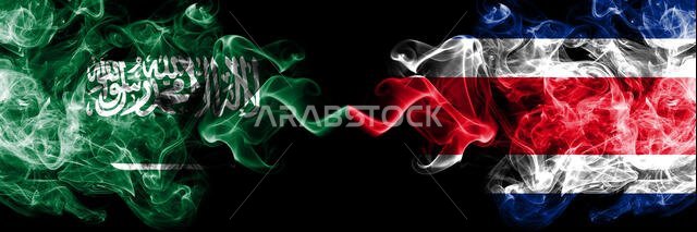 Saudi Arabia Kingdom vs Costa Rica smoky mystic flags placed side by side. Thick colored silky smoke flags of Arabic, Arabian and Costa Rica