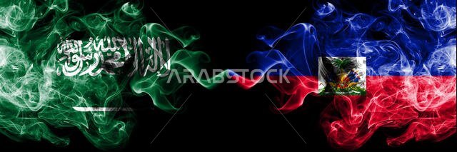 Saudi Arabia Kingdom vs Haiti, Haitian smoky mystic flags placed side by side. Thick colored silky smoke flags of Arabic, Arabian and Haiti, Haitian