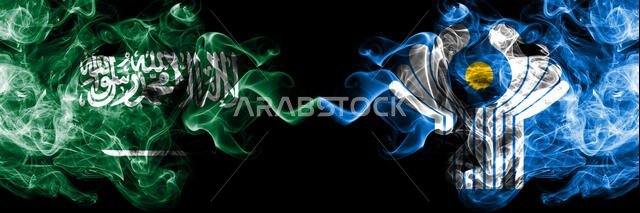 Saudi Arabia Kingdom vs Commonwealth smoky mystic flags placed side by side. Thick colored silky smoke flags of Arabic, Arabian and Commonwealth