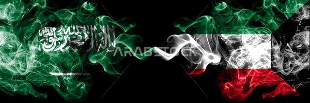Saudi Arabia Kingdom vs Kuwait, Kuwaiti smoky mystic flags placed side by side. Thick colored silky smoke flags of Arabic, Arabian and Kuwait, Kuwaiti