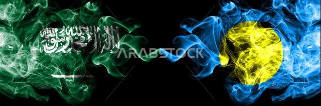 Saudi Arabia Kingdom vs Palau, Palaulan smoky mystic flags placed side by side. Thick colored silky smoke flags of Arabic, Arabian and Palau, Palaulan