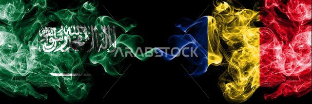 Saudi Arabia Kingdom vs Romania, Romanian smoky mystic flags placed side by side. Thick colored silky smoke flags of Arabic, Arabian and Romania, Roma
