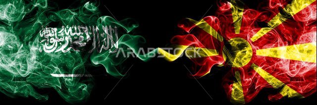 Saudi Arabia Kingdom vs Macedonia, Macedonian smoky mystic flags placed side by side. Thick colored silky smoke flags of Arabic, Arabian and Macedonia