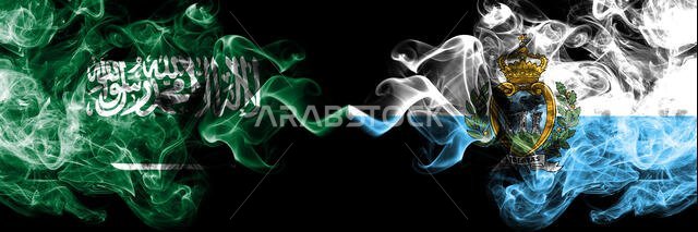 Saudi Arabia Kingdom vs San Marino, Sammarinese smoky mystic flags placed side by side. Thick colored silky smoke flags of Arabic, Arabian and San Mar