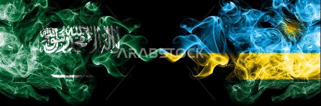 Saudi Arabia Kingdom vs Rwanda, Rwandan smoky mystic flags placed side by side. Thick colored silky smoke flags of Arabic, Arabian and Rwanda, Rwandan